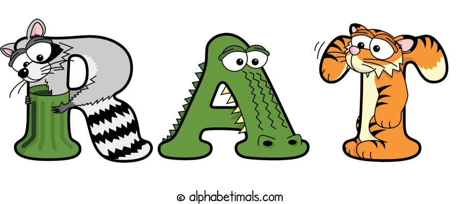 Rat animal word art spelling Rat with Alphabetimals - cartoon alphabet animals