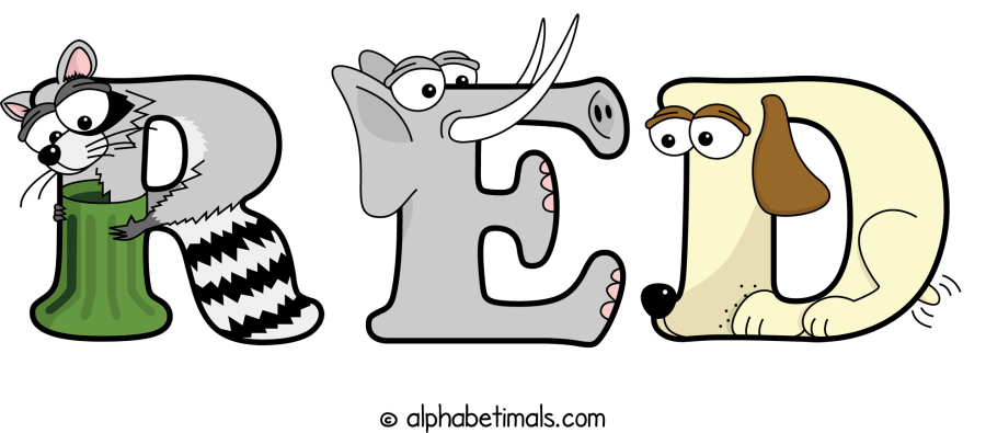 Red animal word art spelling Red with Alphabetimals - cartoon alphabet animals