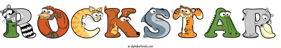 Rockstar animal word art spelling Rockstar with Alphabetimals - cartoon alphabet animals
