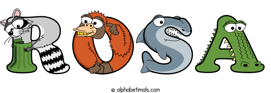 Rosa animal word art spelling Rosa with Alphabetimals - cartoon alphabet animals