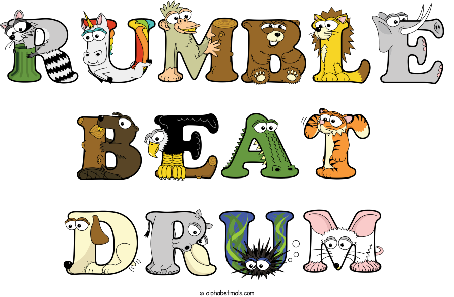 Rumble Beat Drum animal word art spelling Rumble Beat Drum with Alphabetimals - cartoon alphabet animals