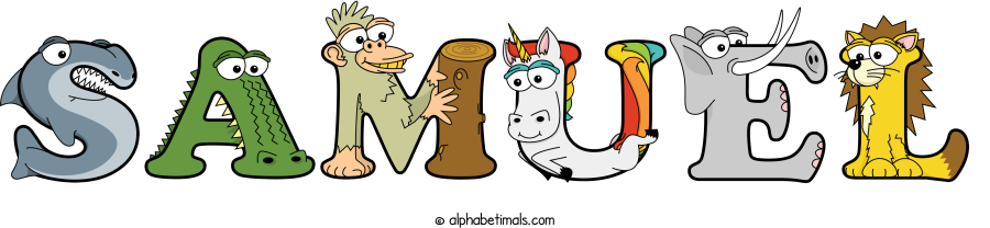 Samuel animal word art spelling Samuel with Alphabetimals - cartoon alphabet animals