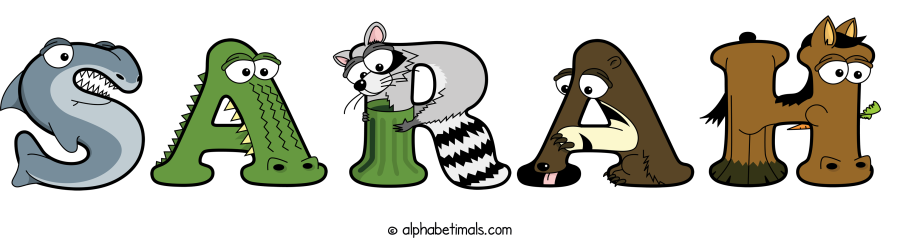 Sarah animal word art spelling Sarah with Alphabetimals - cartoon alphabet animals