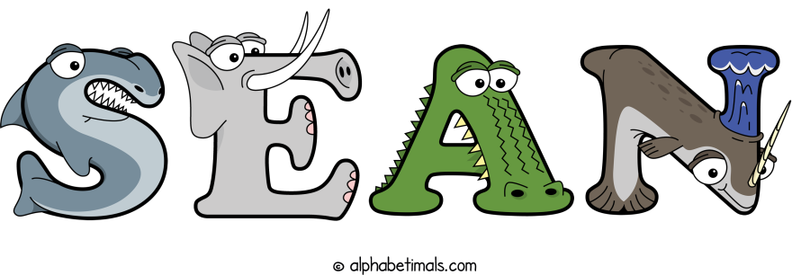 Sean animal word art spelling Sean with Alphabetimals - cartoon alphabet animals