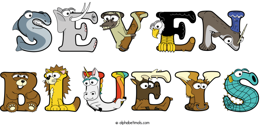Seven Blueys animal word art spelling Seven Blueys with Alphabetimals - cartoon alphabet animals