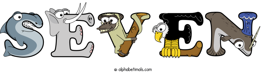 Seven animal word art spelling Seven with Alphabetimals - cartoon alphabet animals