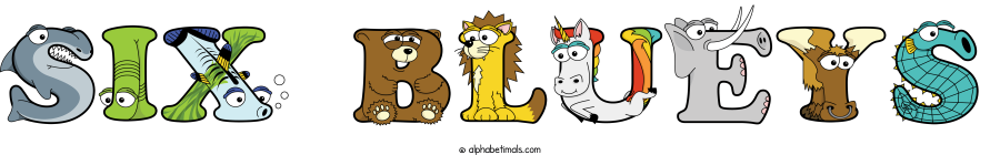 Six Blueys animal word art spelling Six Blueys with Alphabetimals - cartoon alphabet animals
