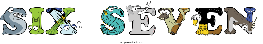 Six Seven animal word art spelling Six Seven with Alphabetimals - cartoon alphabet animals