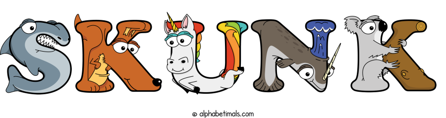 Skunk animal word art spelling Skunk with Alphabetimals - cartoon alphabet animals