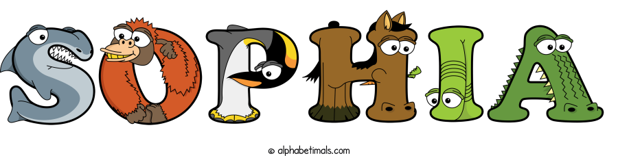 Sophia animal word art spelling Sophia with Alphabetimals - cartoon alphabet animals