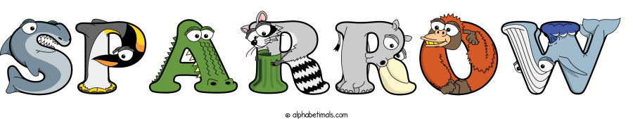 Sparrow animal word art spelling Sparrow with Alphabetimals - cartoon alphabet animals