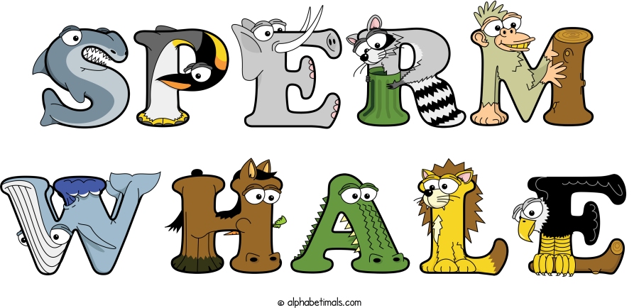 Sperm Whale animal word art spelling Sperm Whale with Alphabetimals - cartoon alphabet animals