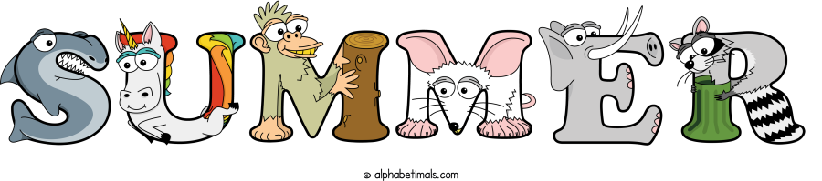 Summer animal word art spelling Summer with Alphabetimals - cartoon alphabet animals