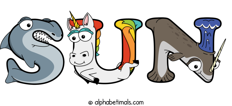 Sun animal word art spelling Sun with Alphabetimals - cartoon alphabet animals