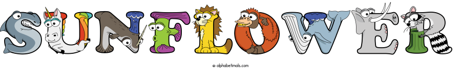 Sunflower animal word art spelling Sunflower with Alphabetimals - cartoon alphabet animals
