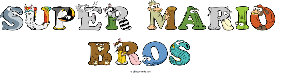 Super Mario Bros animal word art spelling Super Mario Bros with Alphabetimals - cartoon alphabet animals