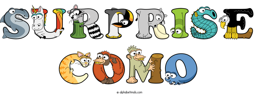Surprise Como animal word art spelling Surprise Como with Alphabetimals - cartoon alphabet animals