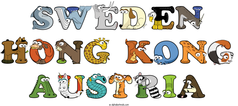 Sweden Hong Kong Austria animal word art spelling Sweden Hong Kong Austria with Alphabetimals - cartoon alphabet animals