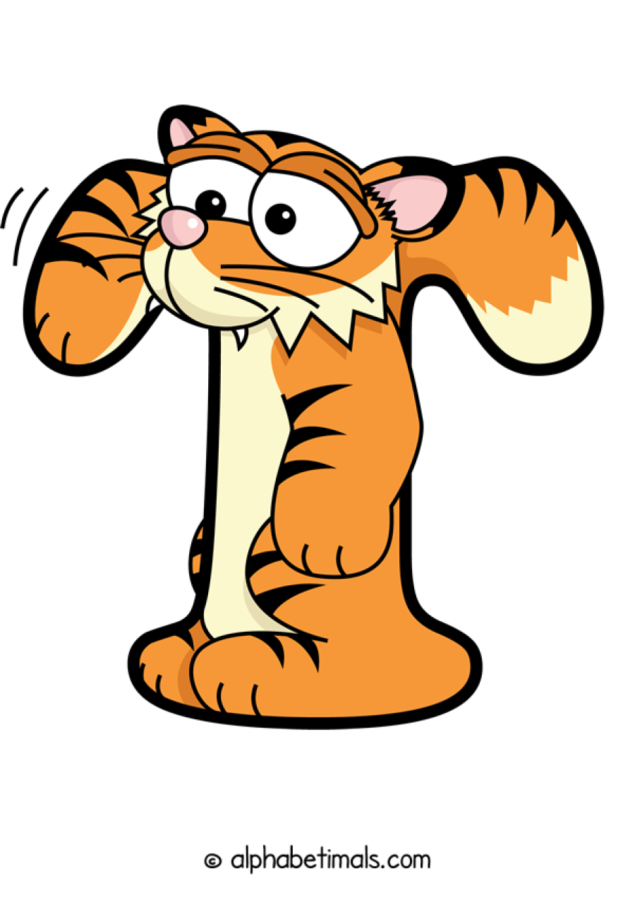 T animal word art spelling T with Alphabetimals - cartoon alphabet animals
