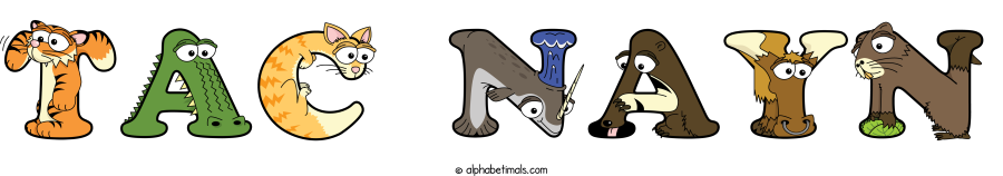 Tac Nayn animal word art spelling Tac Nayn with Alphabetimals - cartoon alphabet animals