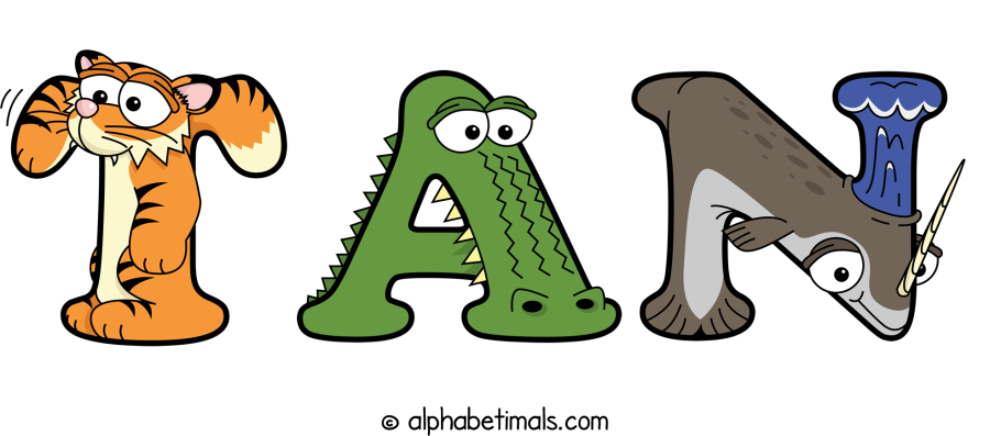 Tan animal word art spelling Tan with Alphabetimals - cartoon alphabet animals