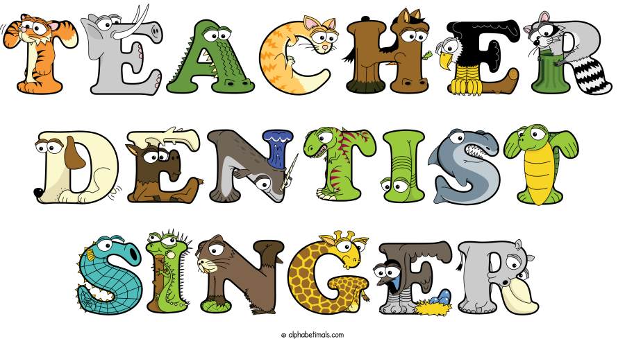 Teacher Dentist Singer animal word art spelling Teacher Dentist Singer with Alphabetimals - cartoon alphabet animals