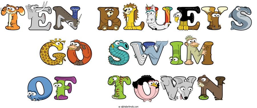 Ten Blueys Go Swim Of  Town animal word art spelling Ten Blueys Go Swim Of  Town with Alphabetimals - cartoon alphabet animals