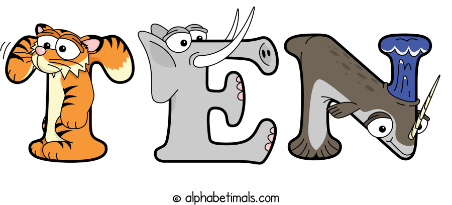 Ten animal word art spelling Ten with Alphabetimals - cartoon alphabet animals