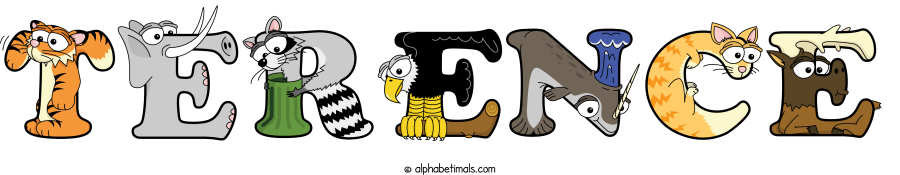 Terence animal word art spelling Terence with Alphabetimals - cartoon alphabet animals