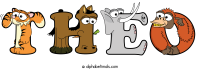 theo spelled using animal alphabet letters