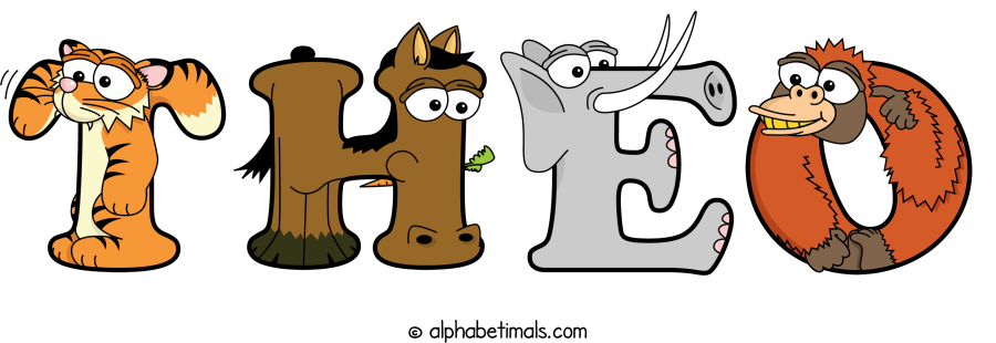 Theo animal word art spelling Theo with Alphabetimals - cartoon alphabet animals