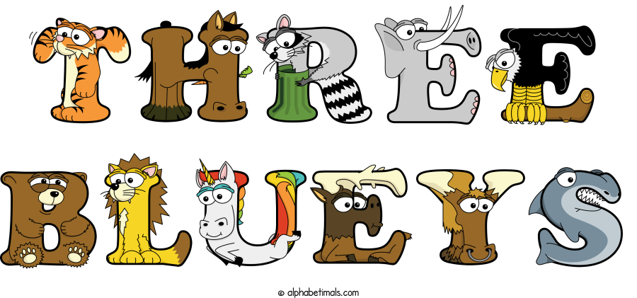 Three Blueys animal word art spelling Three Blueys with Alphabetimals - cartoon alphabet animals