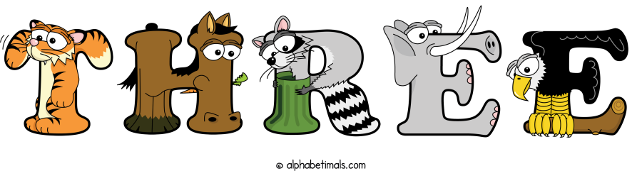 Three animal word art spelling Three with Alphabetimals - cartoon alphabet animals