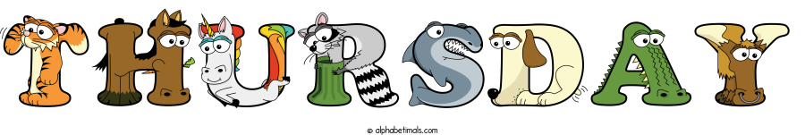 Thursday animal word art spelling Thursday with Alphabetimals - cartoon alphabet animals