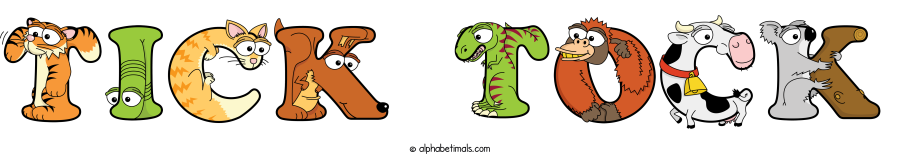 Tick Tock animal word art spelling Tick Tock with Alphabetimals - cartoon alphabet animals