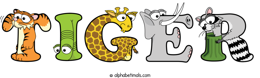 Tiger animal word art spelling Tiger with Alphabetimals - cartoon alphabet animals