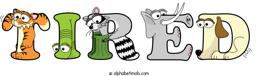 Tired animal word art spelling Tired with Alphabetimals - cartoon alphabet animals