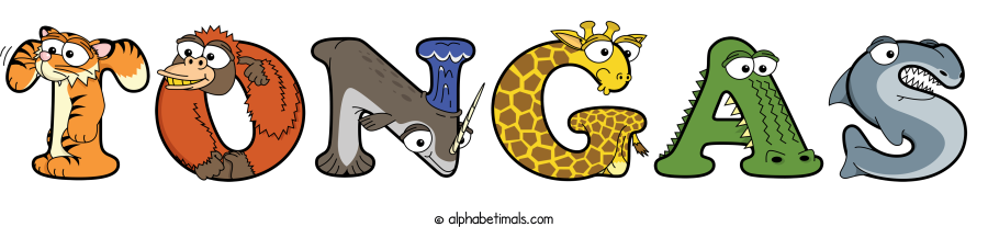 Tongas animal word art spelling Tongas with Alphabetimals - cartoon alphabet animals