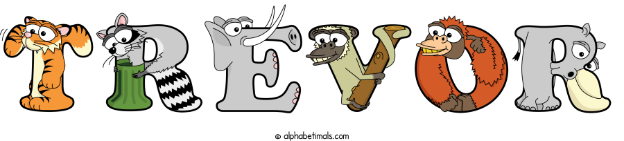 Trevor animal word art spelling Trevor with Alphabetimals - cartoon alphabet animals