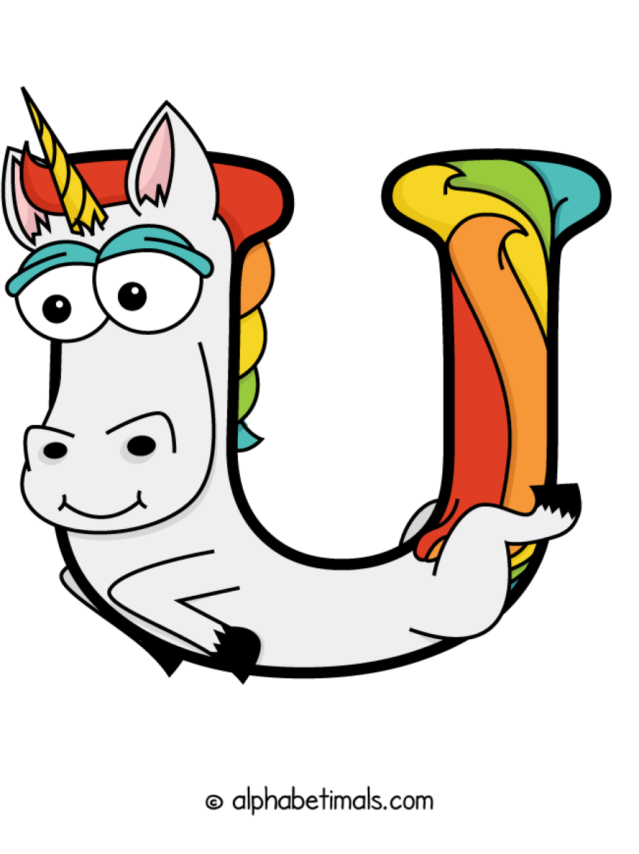 U animal word art spelling U with Alphabetimals - cartoon alphabet animals