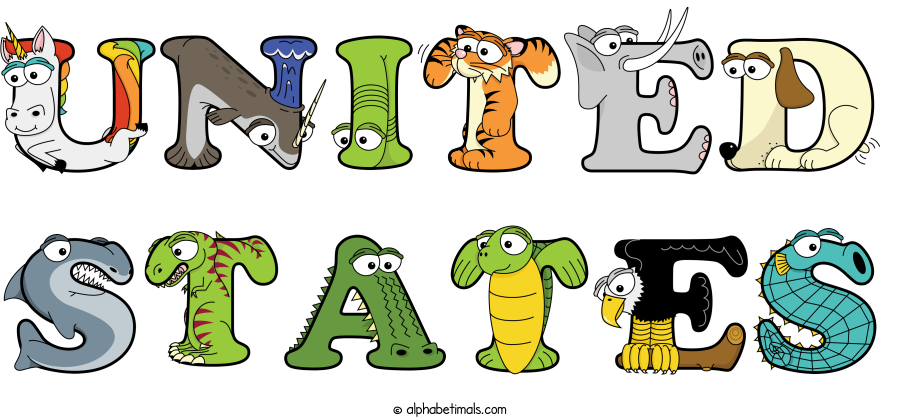 United States animal word art spelling United States with Alphabetimals - cartoon alphabet animals