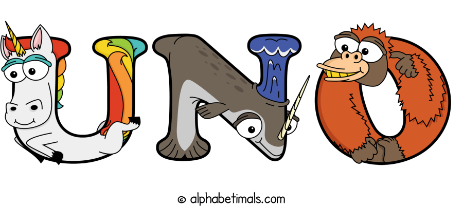 Uno animal word art spelling Uno with Alphabetimals - cartoon alphabet animals