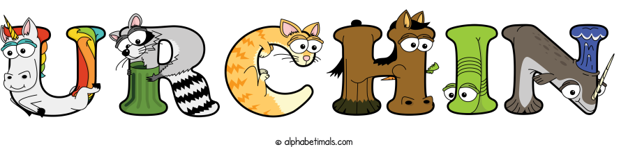 Urchin animal word art spelling Urchin with Alphabetimals - cartoon alphabet animals