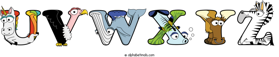 Uvwxyz animal word art spelling Uvwxyz with Alphabetimals - cartoon alphabet animals