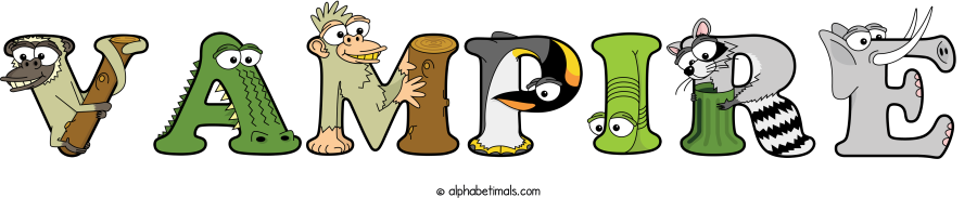 Vampire animal word art spelling Vampire with Alphabetimals - cartoon alphabet animals