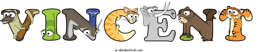 Vincent animal word art spelling Vincent with Alphabetimals - cartoon alphabet animals