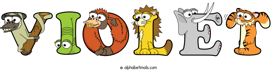Violet animal word art spelling Violet with Alphabetimals - cartoon alphabet animals