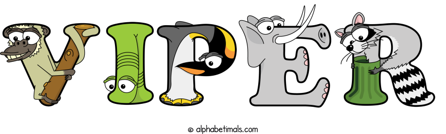 Viper animal word art spelling Viper with Alphabetimals - cartoon alphabet animals