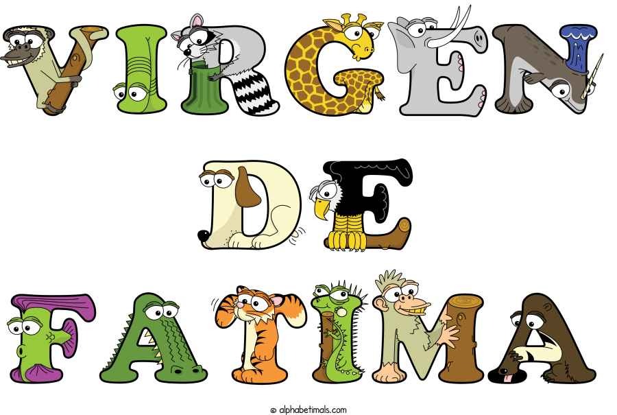 Virgen De Fatima animal word art spelling Virgen De Fatima with Alphabetimals - cartoon alphabet animals