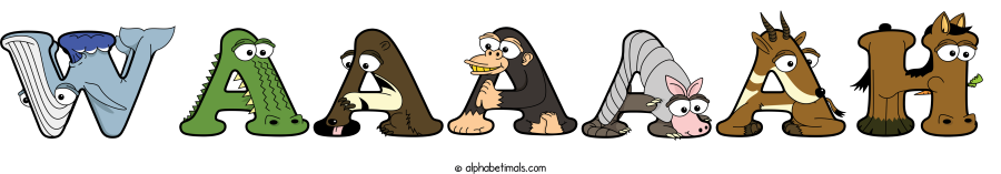 Waaaaah animal word art spelling Waaaaah with Alphabetimals - cartoon alphabet animals